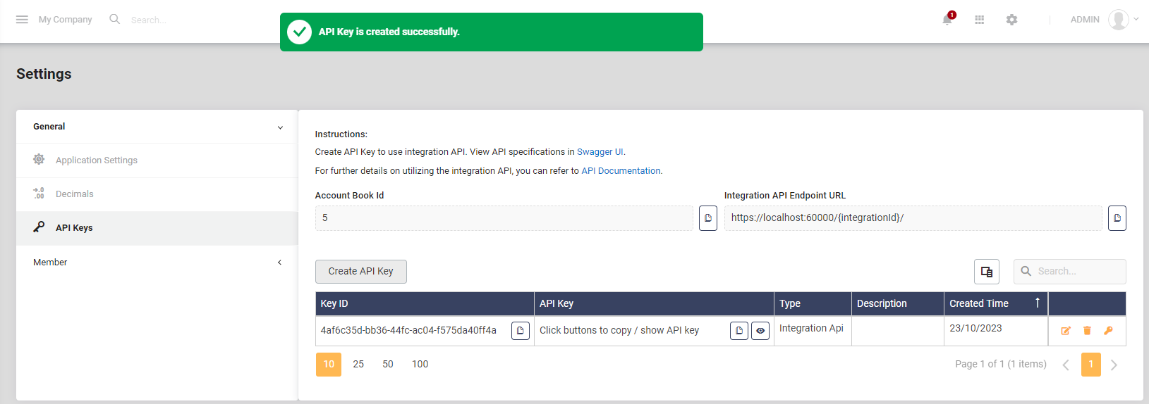 Create API Key Success